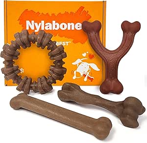 Nylabone Strong Chew Dog Toy 4-Pack Made with Real Bacon, Bison, Venison, Beef, & Chicken, Durable Chew Toys for Aggressive Chewers, Long Lasting Dog Bone, Large Breeds - Up to 50 lbs, 4 Count